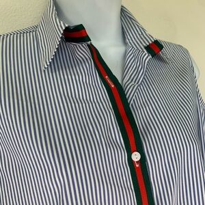 GUCC! Red and Green Ribbon Detail on Blue and White Cold Shoulder Shirt. New Tag